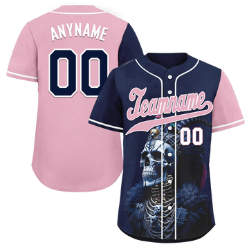 Custom Blue Pink Skull Fashion Personalized Authentic Baseball Jersey BSBJ01-D017145