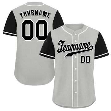 Custom Grey Black Raglan Sleeves Black Authentic Baseball Jersey